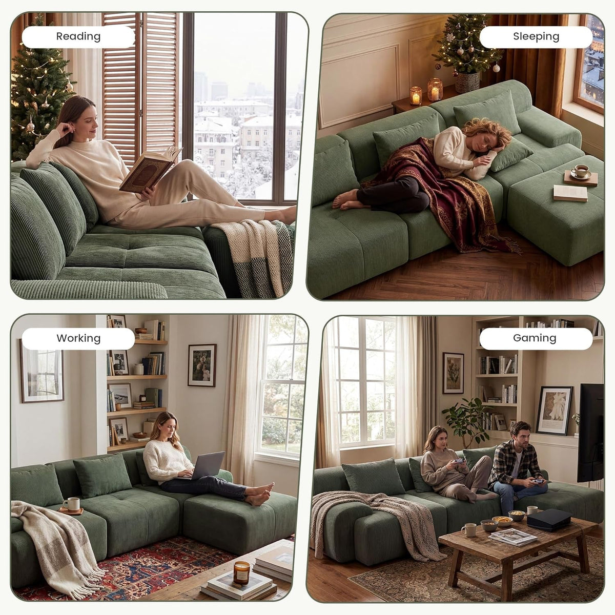 Green Corduroy 108 Inch Luxurious Sectional Sofa Set ShipItFurniture
