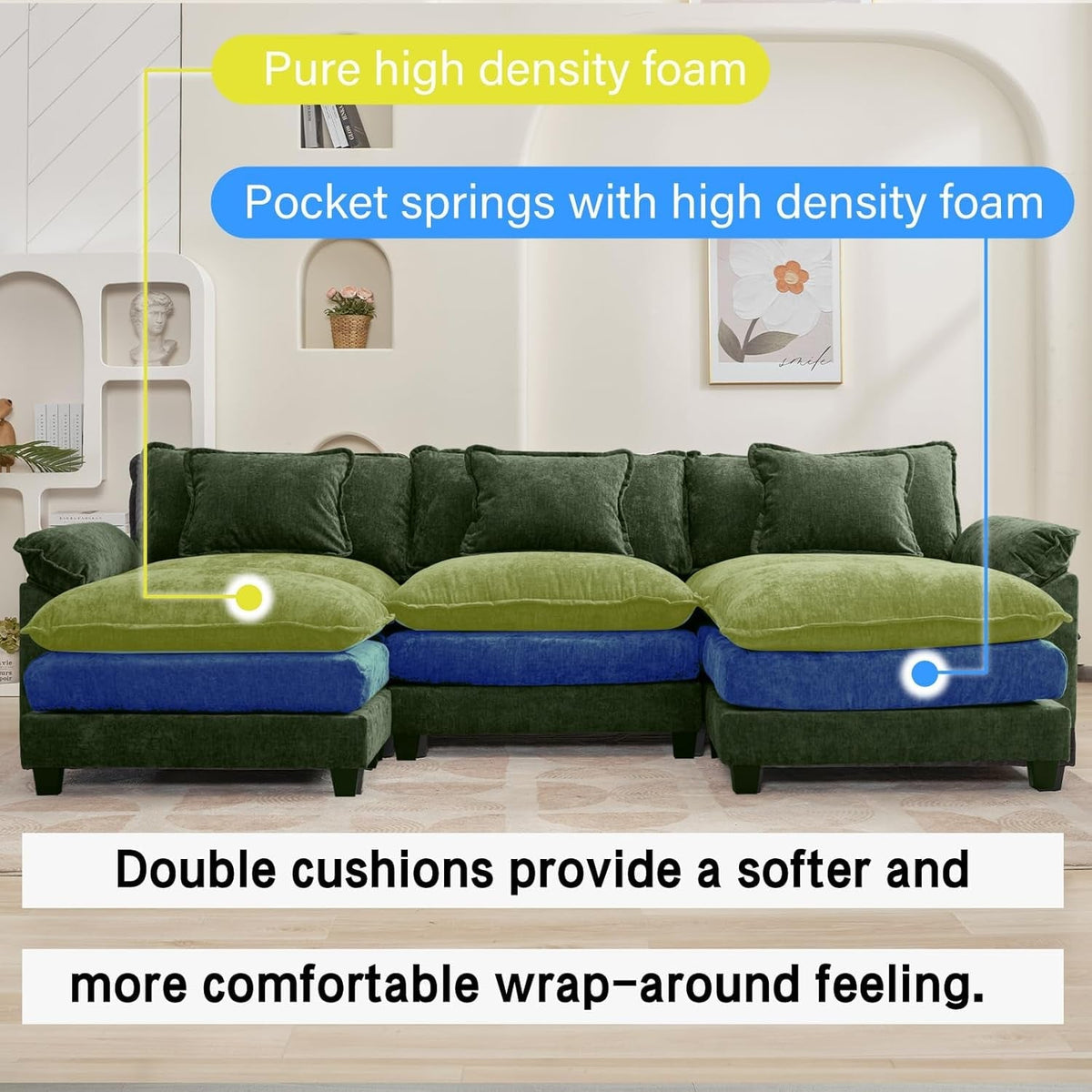 120 Inches Emerald Chenille Modular Sectional Sofa ShipItFurniture