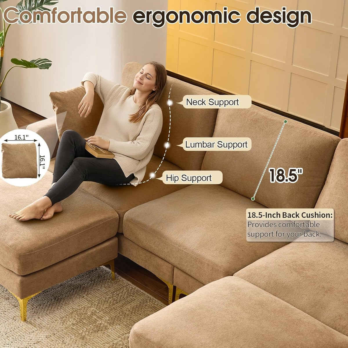 Khaki One Hundred Inch U Shaped Chenille Luxurious Couch ShipItFurniture