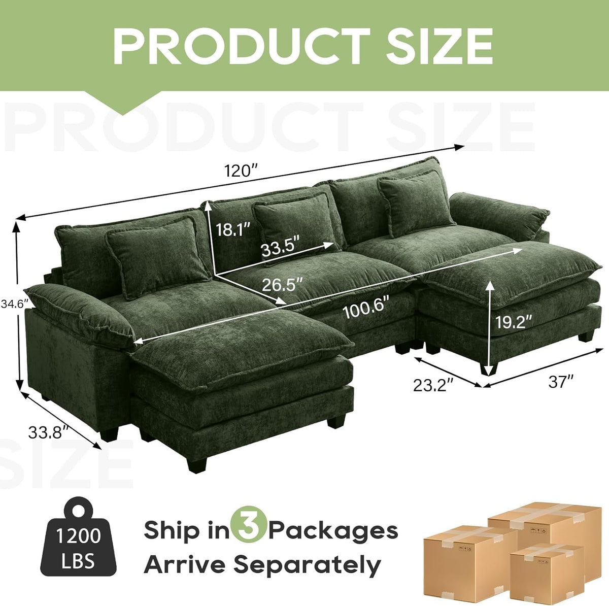 120 Inches Emerald Chenille Modular Sectional Sofa ShipItFurniture