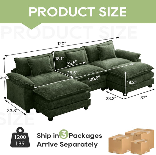 120 Inches Emerald Chenille Modular Sectional Sofa ShipItFurniture