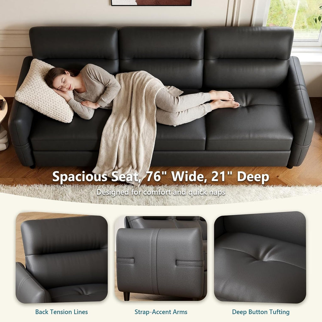 85Inch Black Faux Leather Executive Sofa USB Charging Ports ShipItFurniture