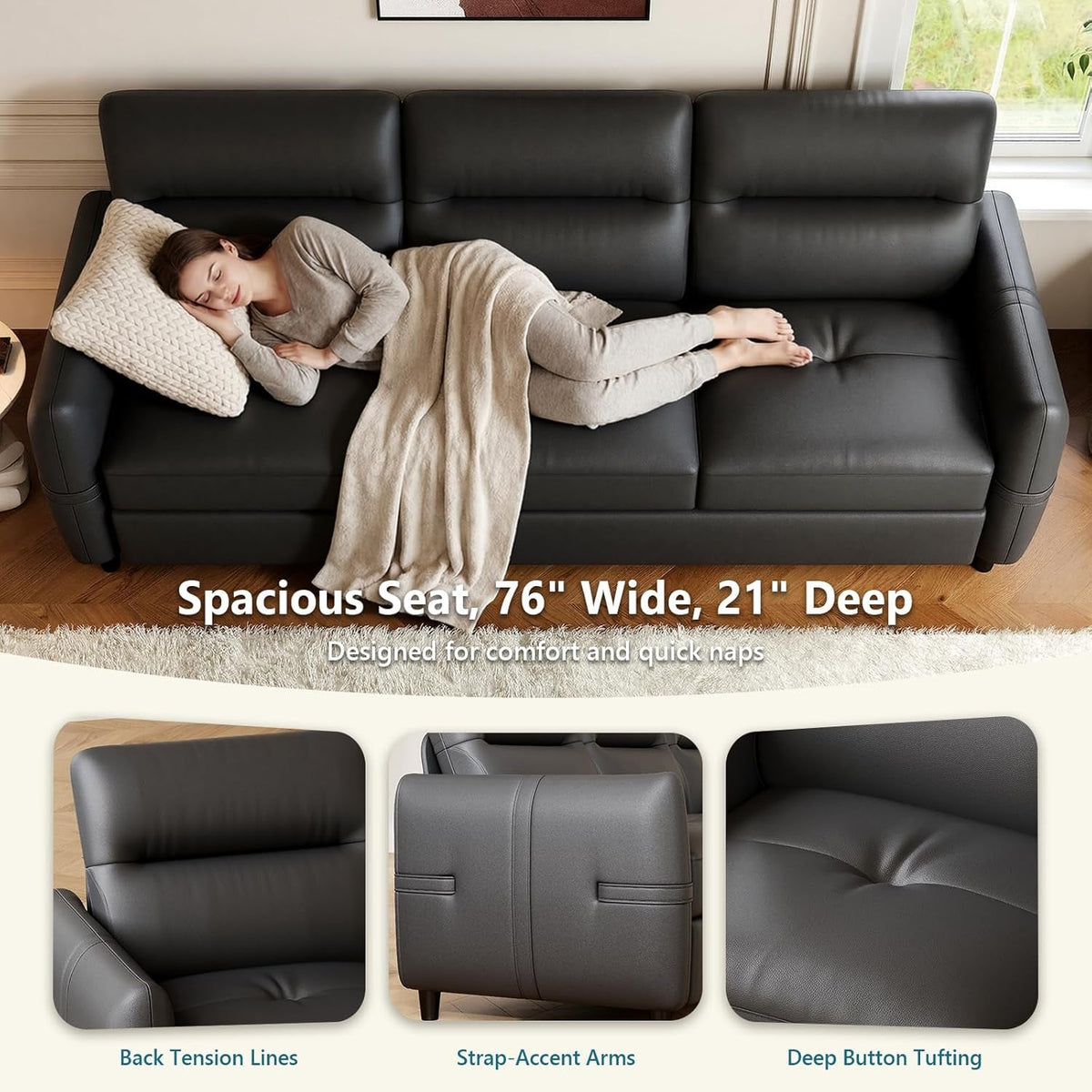 85Inch Black Faux Leather Executive Sofa USB Charging Ports ShipItFurniture