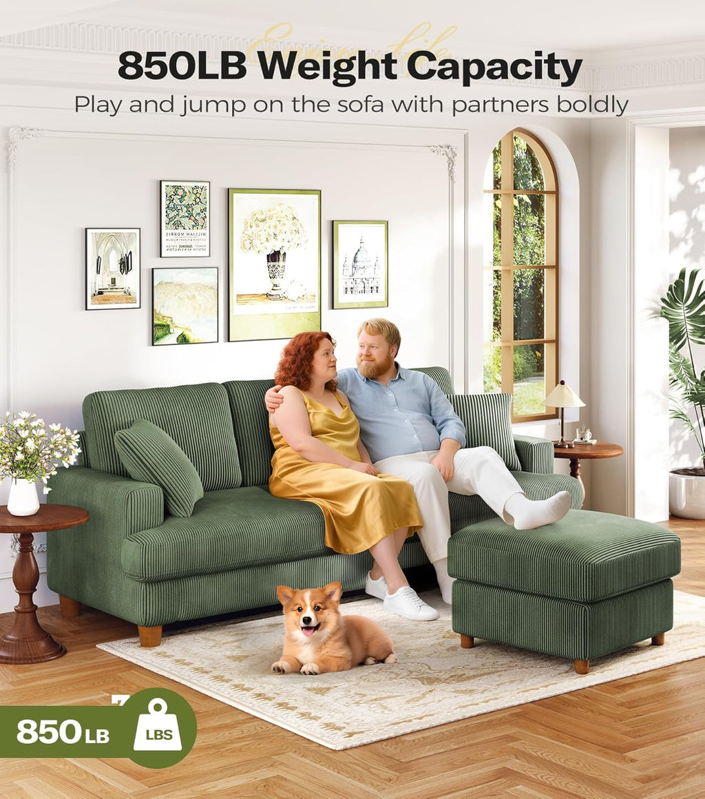 Corduroy Sofa Eighty SevenInch Deep Seat Green Living Room Comfort ShipItFurniture