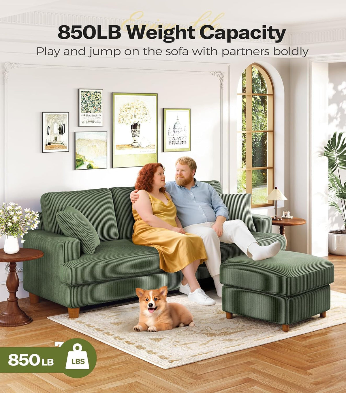 Corduroy Sofa Eighty SevenInch Deep Seat Green Living Room Comfort ShipItFurniture