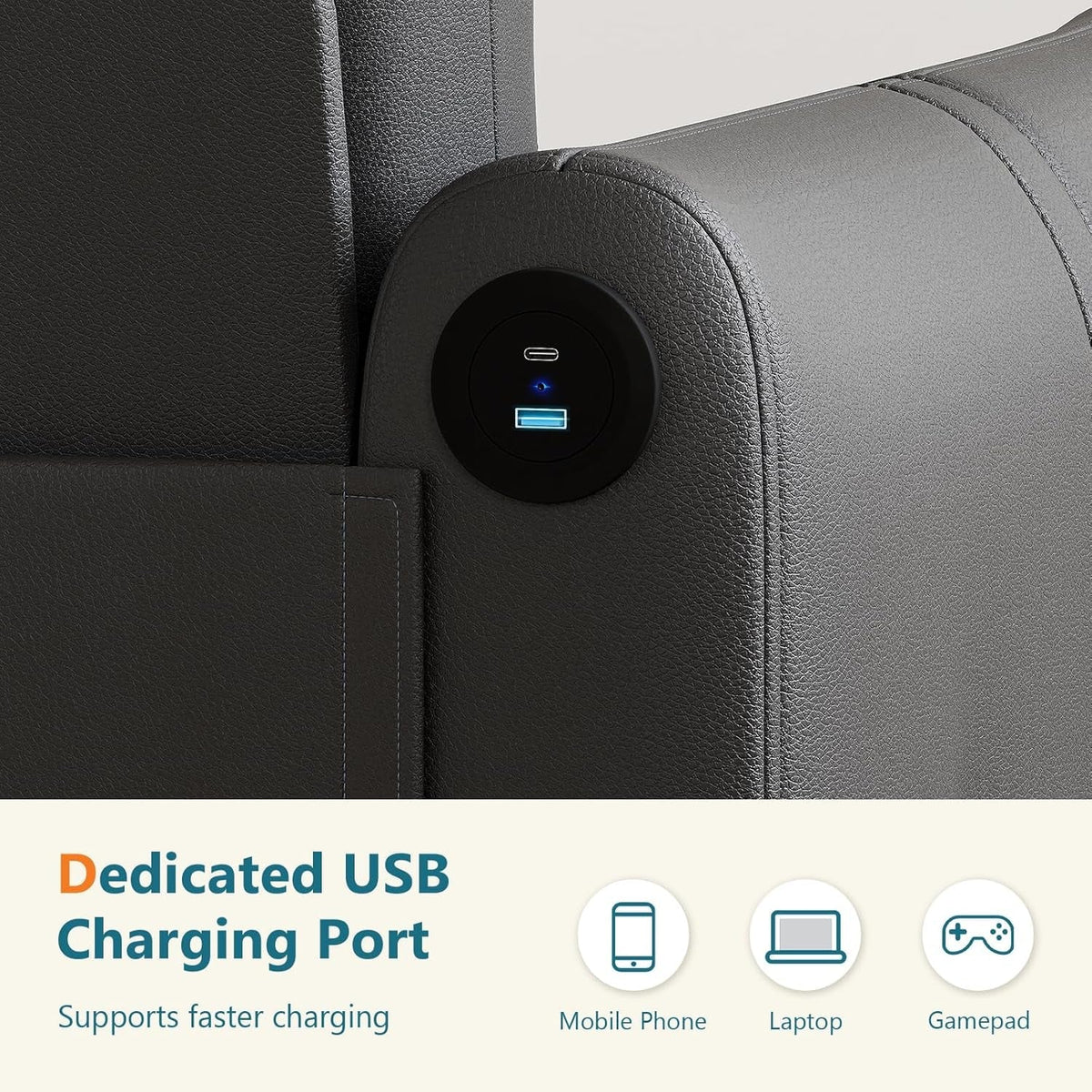 85Inch Black Faux Leather Executive Sofa USB Charging Ports ShipItFurniture