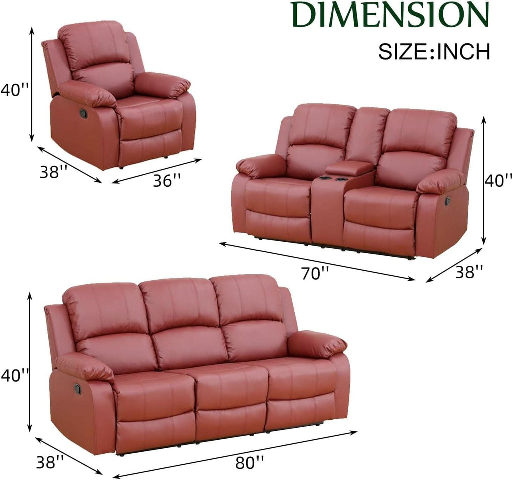 Leather Recliner Sofa Set Red Three Piece Living Room Furniture ShipItFurniture