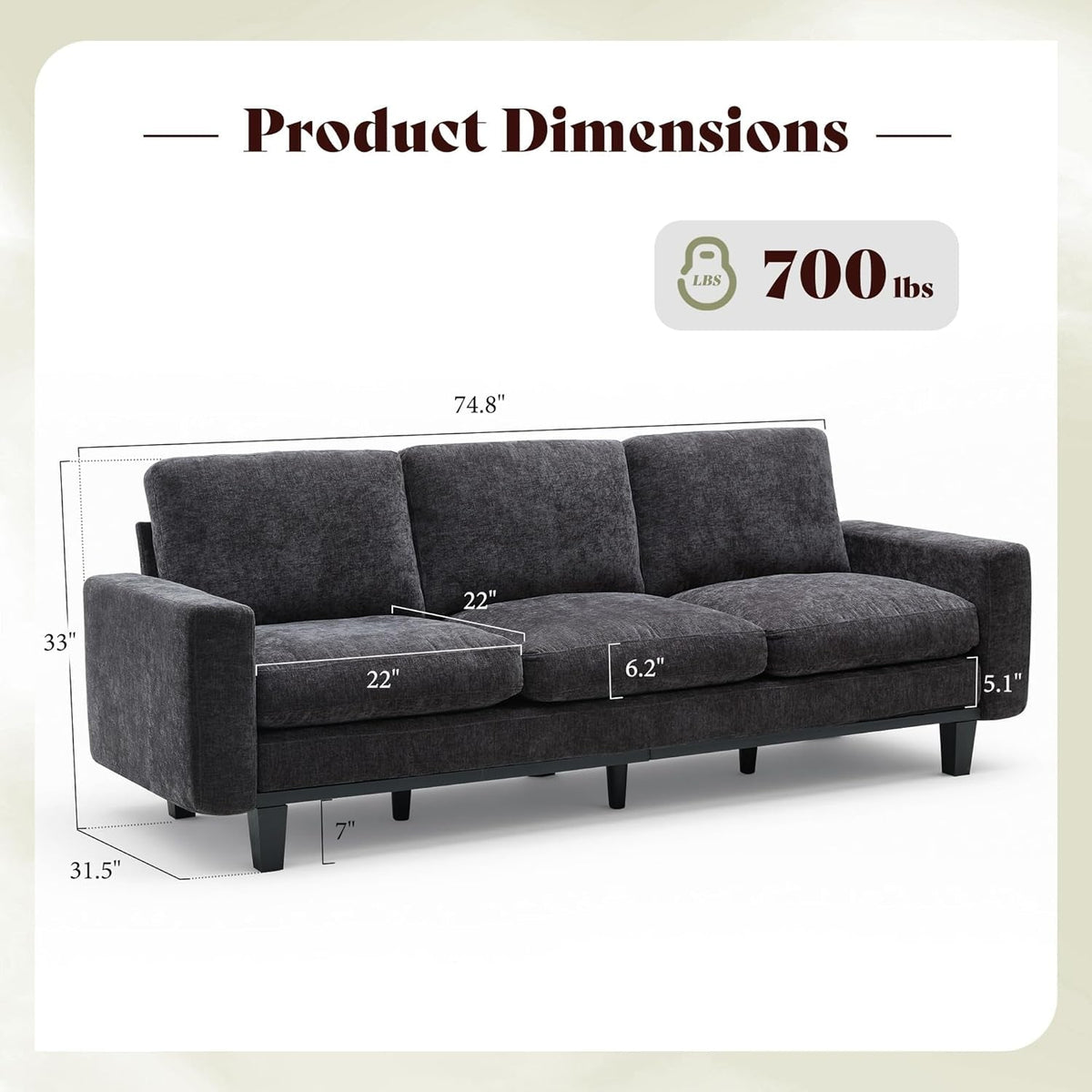 Grey Chenille 74.8 Inch Luxurious Contemporary Sofa ShipItFurniture