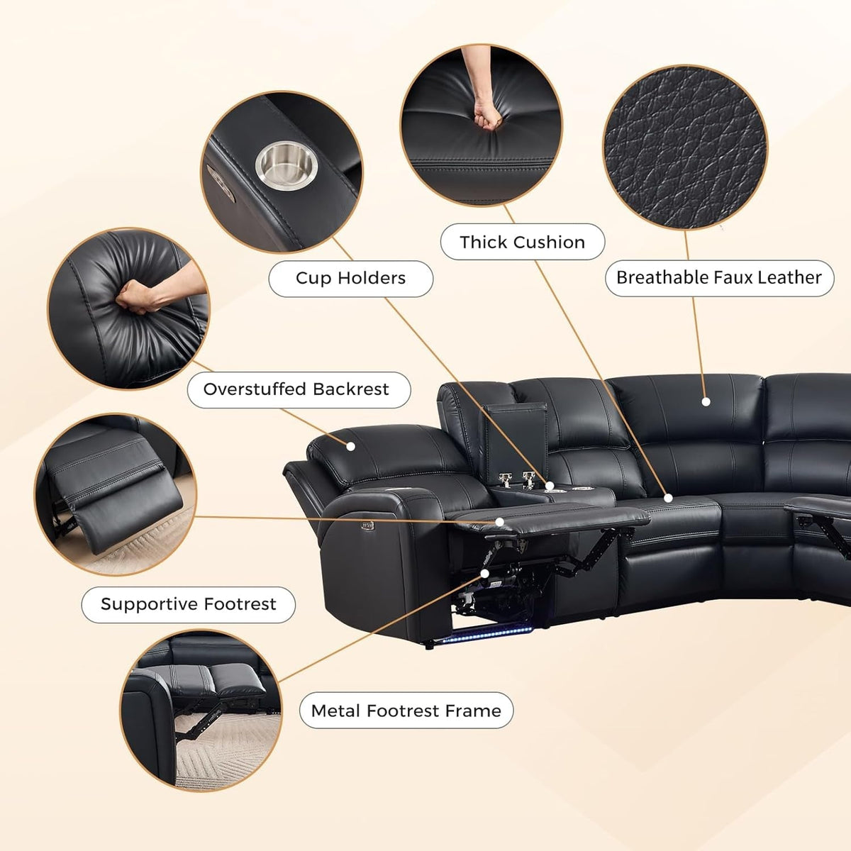 Black Motorized Reclining Sectional Sofa Featuring LED ShipItFurniture