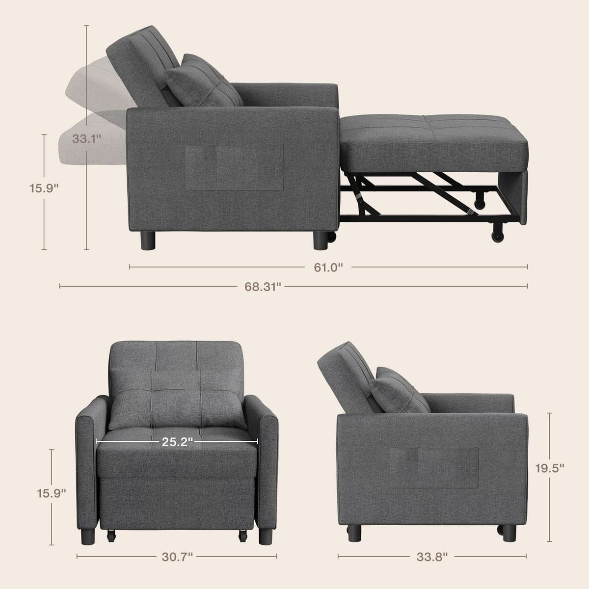 Dark Gray Sleeper Chair Bed Three In One Convertible Modern Linen Fabric Sofa ShipItFurniture