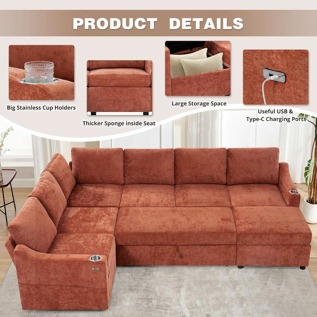 116Inch Orange Chenille Fabric Modular Sleeper Sofa USB ShipItFurniture