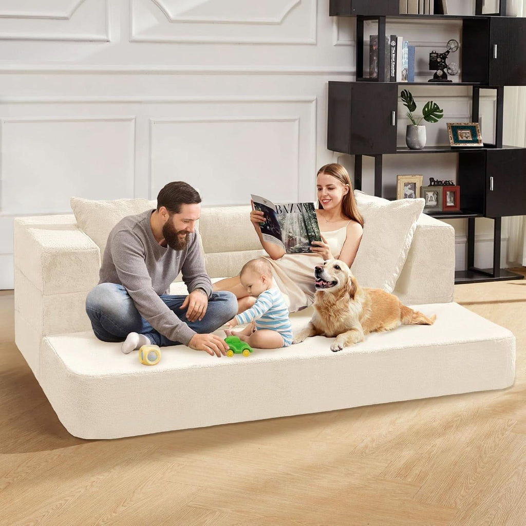 Milky White Large 3 In 1 Folding Bean Bag Couch Faux Fur ShipItFurniture
