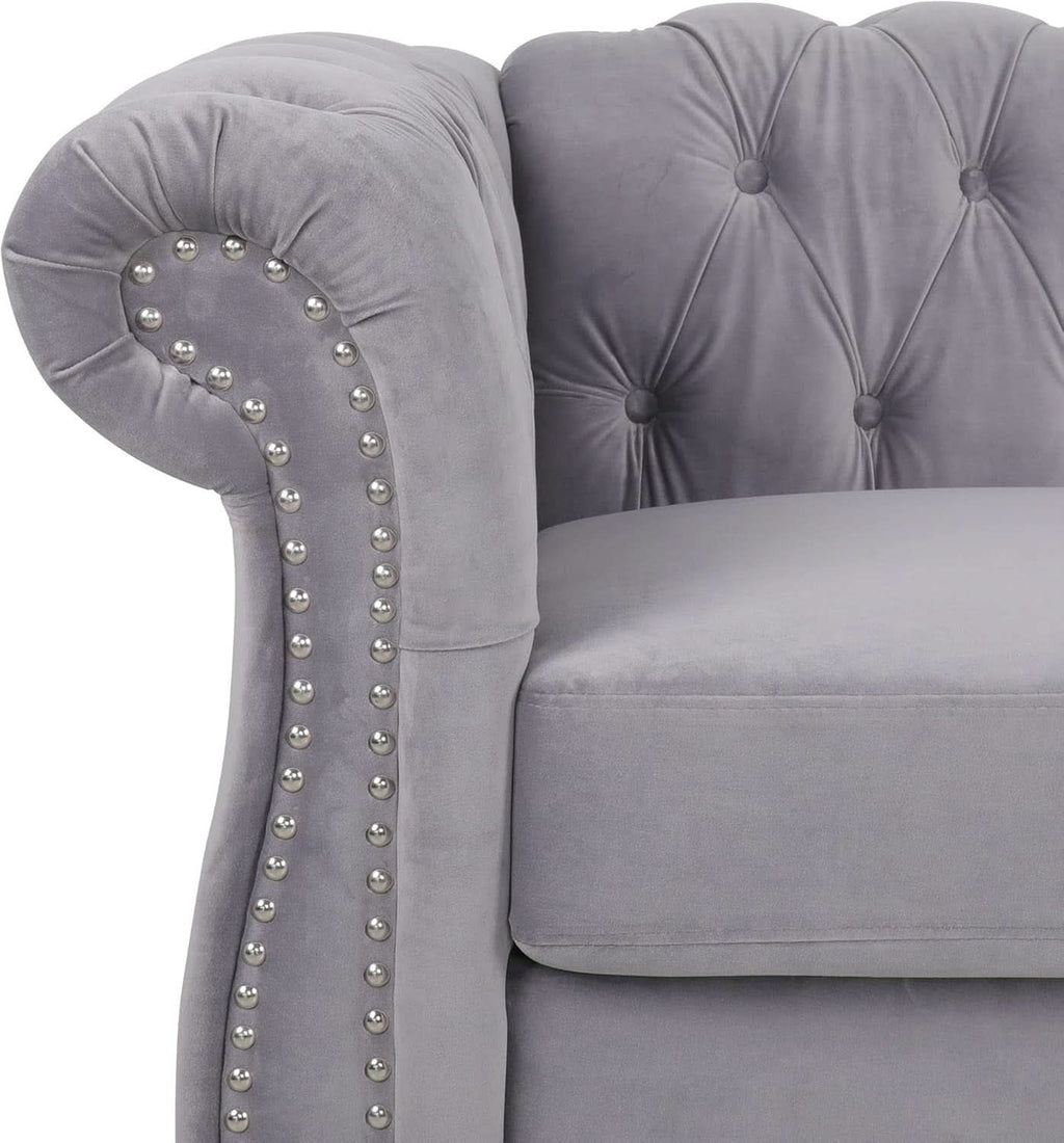 Three Piece Living Room Sofa Set Grey Velvet Chesterfield Sofa Club Chair Loveseat Nailhead Trim ShipItFurniture