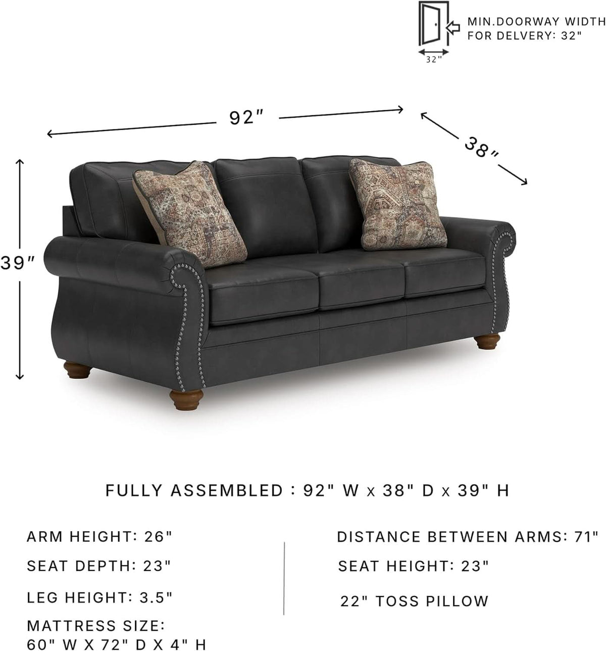 Queen Sofa Sleeper Anthracite Black Memory Foam Ultra ShipItFurniture