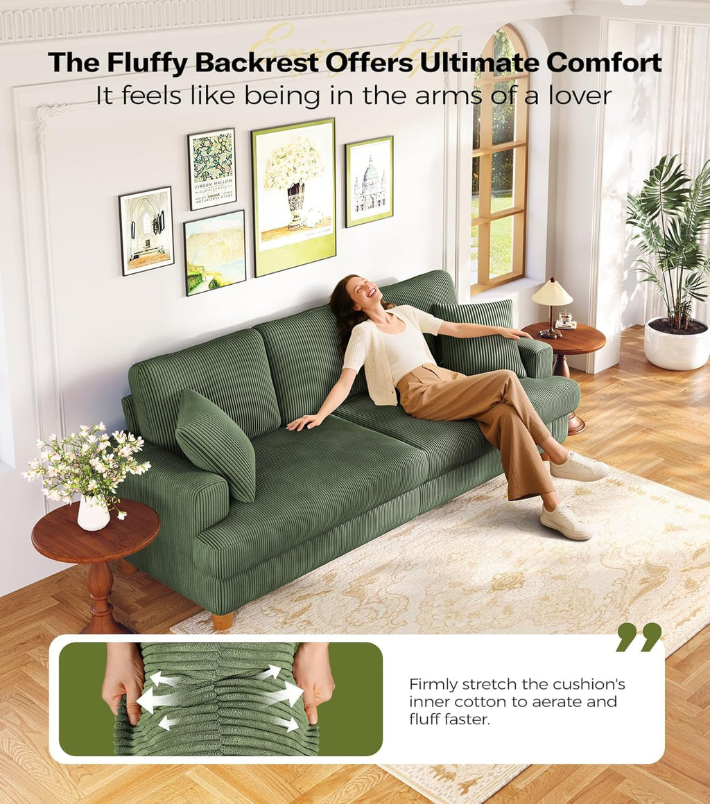 Corduroy Sofa Eighty SevenInch Deep Seat Green Living Room Comfort ShipItFurniture