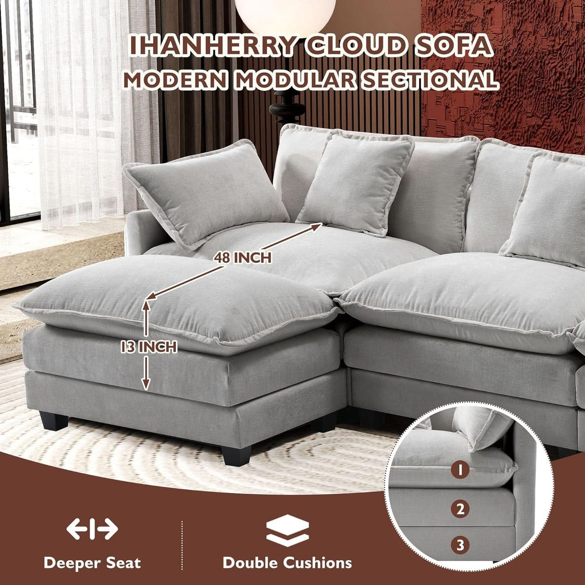 111 Inch L Shaped Modern Glam Sofa Sectional With Ottoman Cloud Foam Cushions Grey Chenille ShipItFurniture