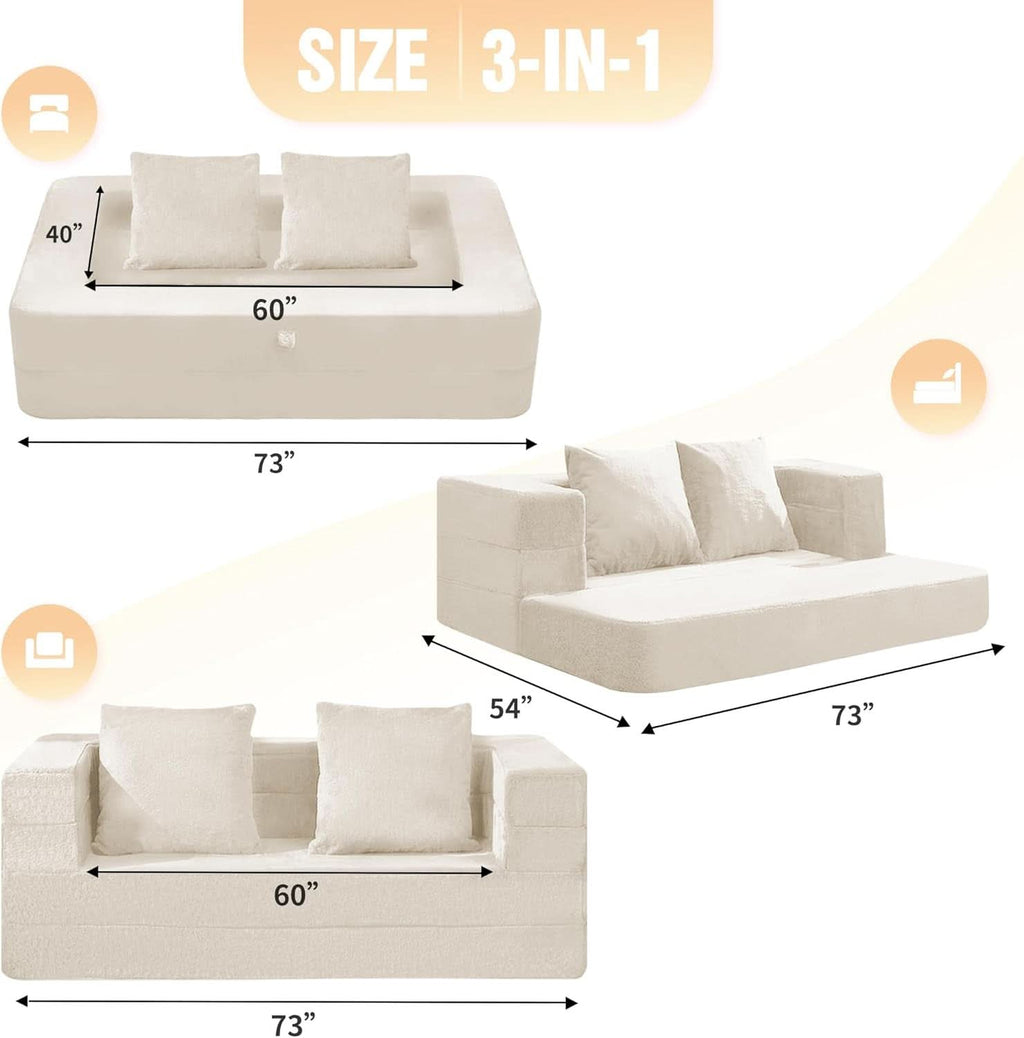 Milky White Large 3 In 1 Folding Bean Bag Couch Faux Fur ShipItFurniture