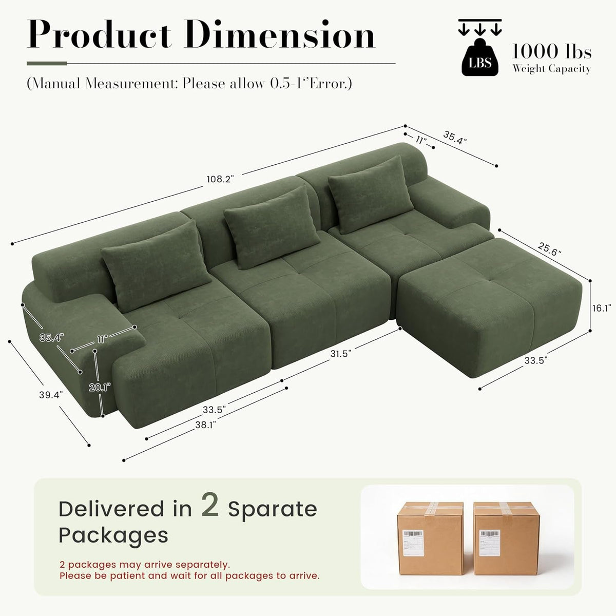 Green Corduroy 108 Inch Luxurious Sectional Sofa Set ShipItFurniture