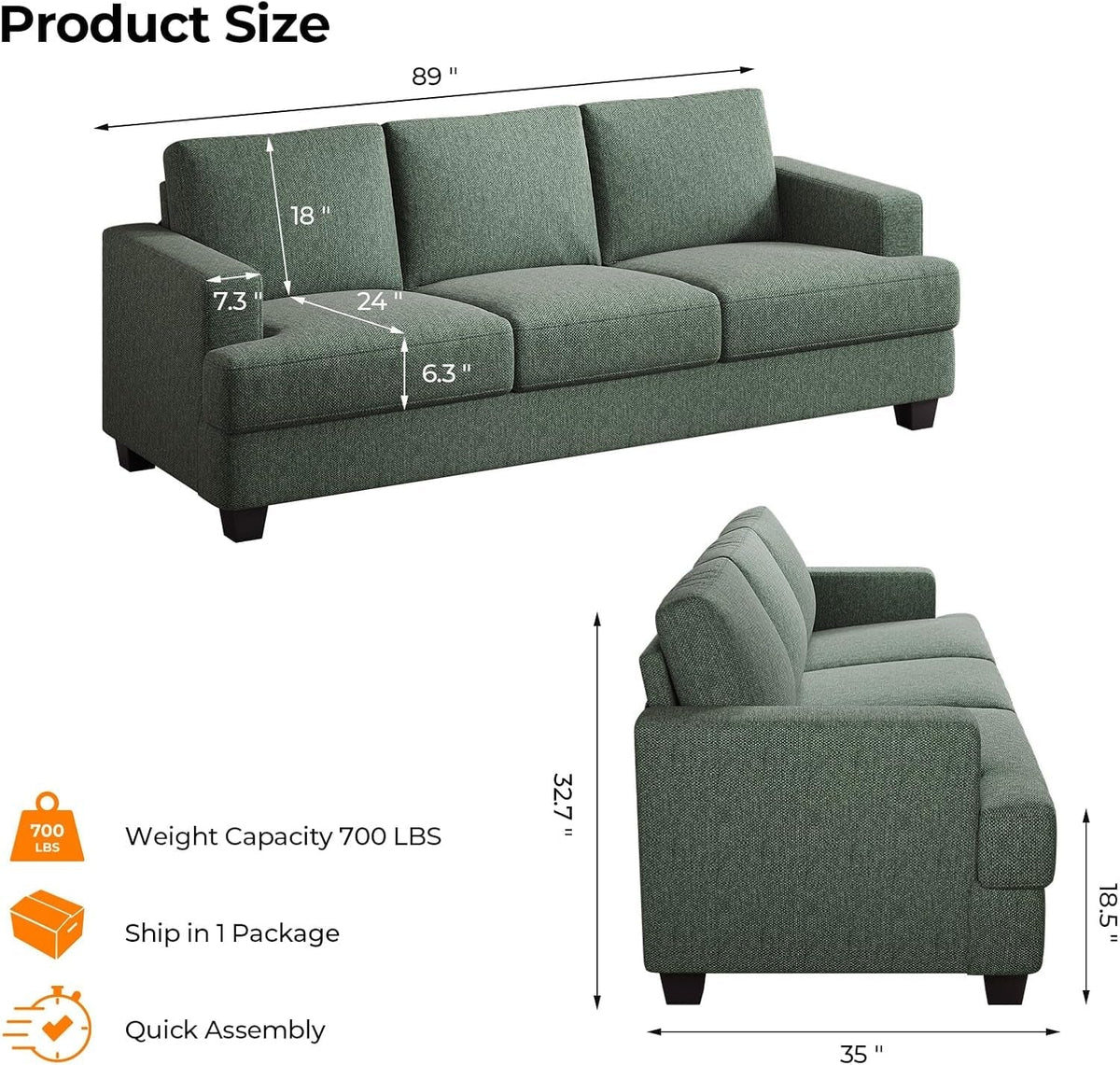 Oversized 89 Inch Sofa With Deep Cushions And Backrests ShipItFurniture