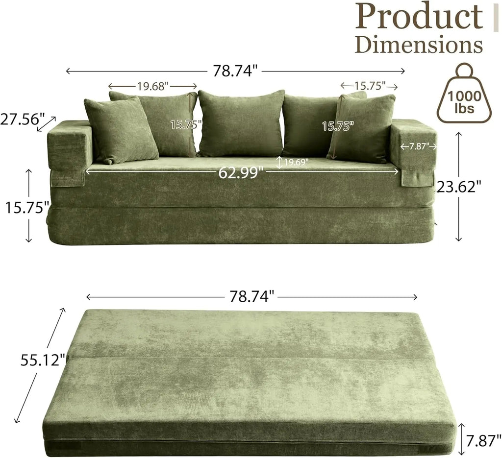 Green 79Inch Convertible Sleeper Couch With Pillows ShipItFurniture