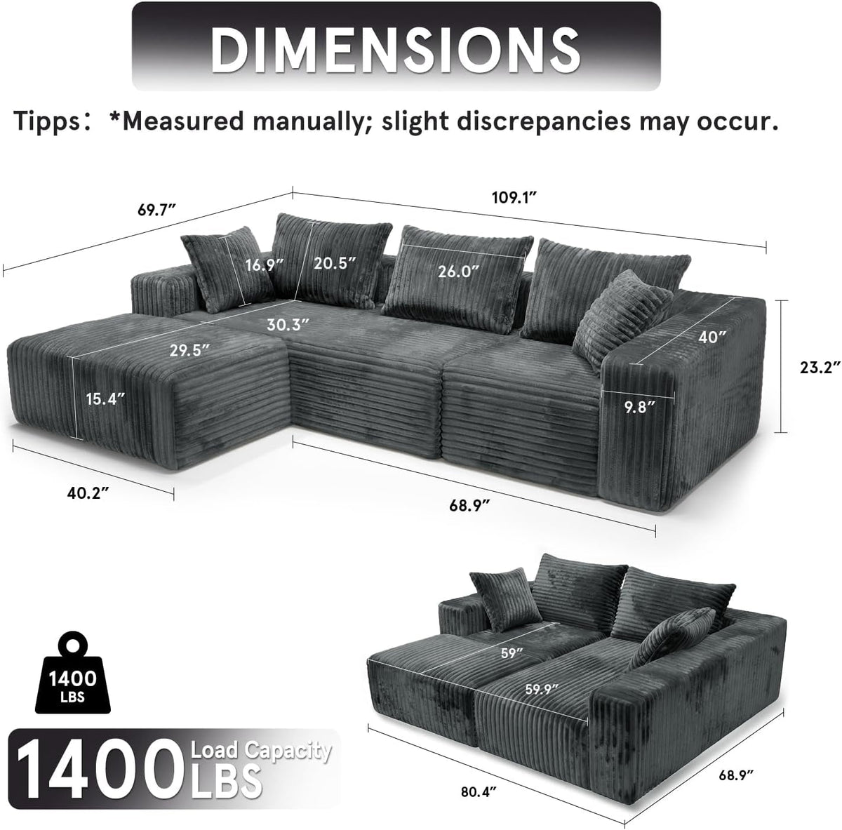 109-Inch L-Shaped Cloud Couch Modular Sectional Sofa ShipItFurniture