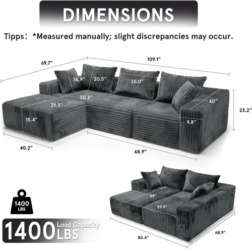 109-Inch L-Shaped Cloud Couch Modular Sectional Sofa ShipItFurniture