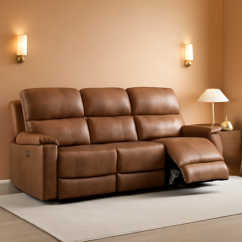 Brown Faux Leather Manual Reclining Overstuffed Sofa ShipItFurniture