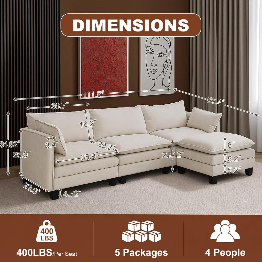 111Inch Modular Sectional Sofa Beige Upholstered Cushions ShipItFurniture