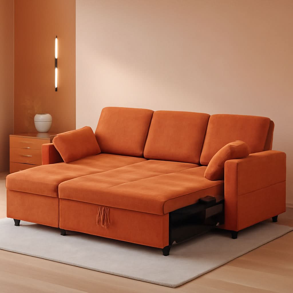 84Inches BrightOrange Chenille Pullout Sofa Bed USBPort ShipItFurniture