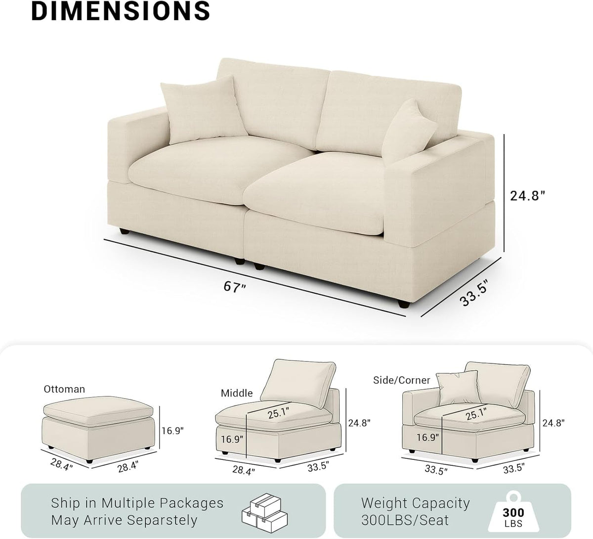 Khaki 68Inch Deep Overstuffed Modular Sectional Sofa ShipItFurniture
