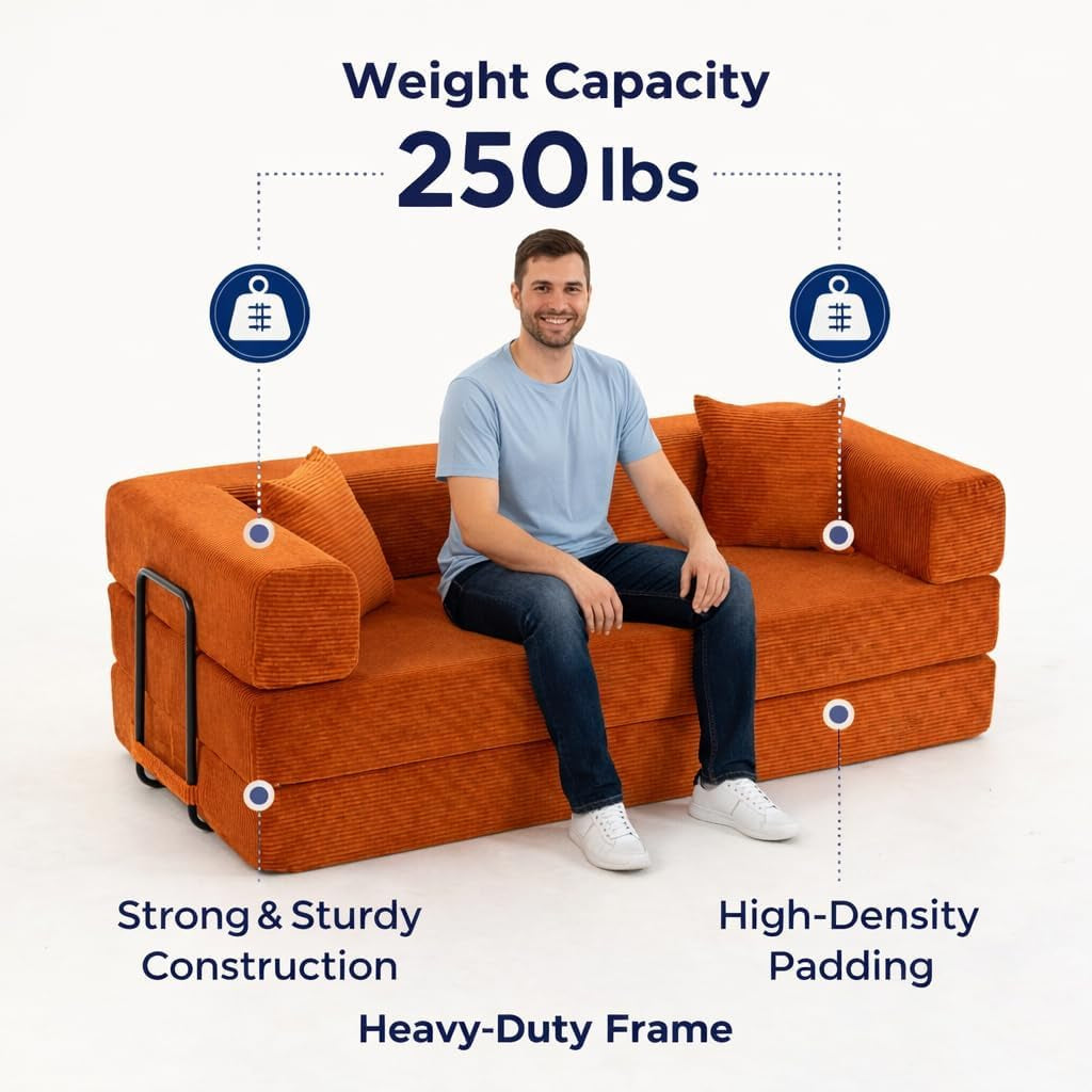 76 Inch Corduroy Premium Futon Sofa Bed For Small Spaces Orange ShipItFurniture