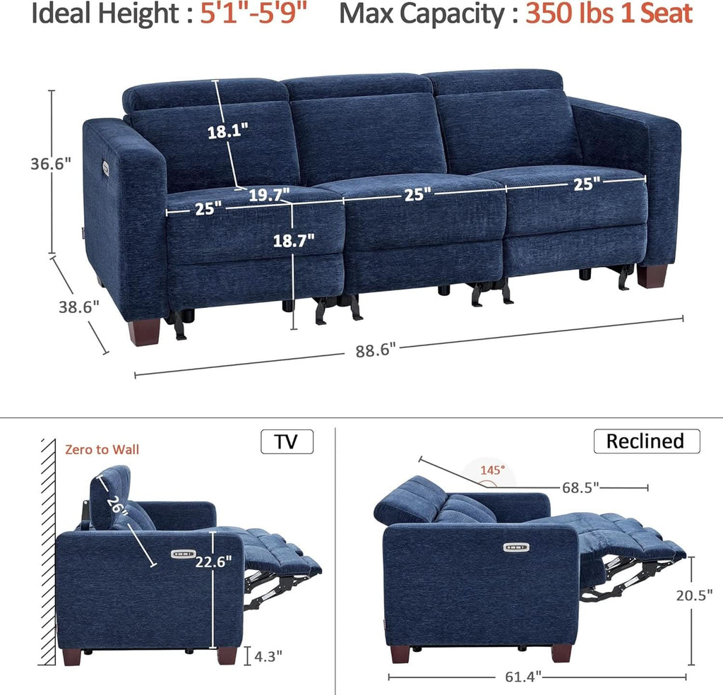 Navy Blue Zero Wall Hugger Power Reclining Sofa USB Ports ShipItFurniture