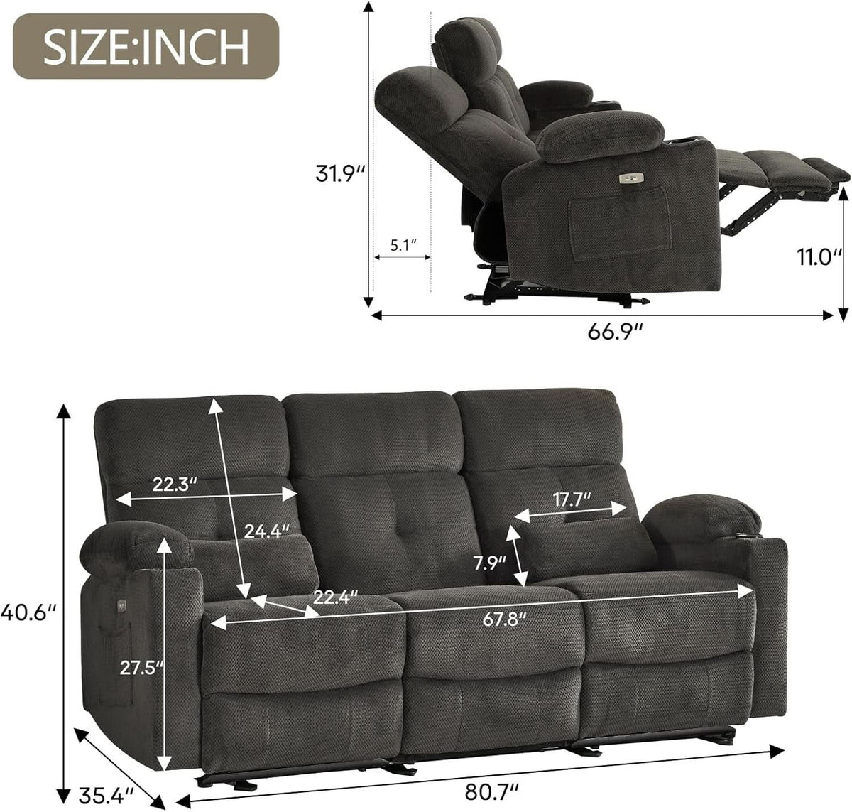 80 Inch Massage Recliner Sofa With Remote And USB Ports ShipItFurniture