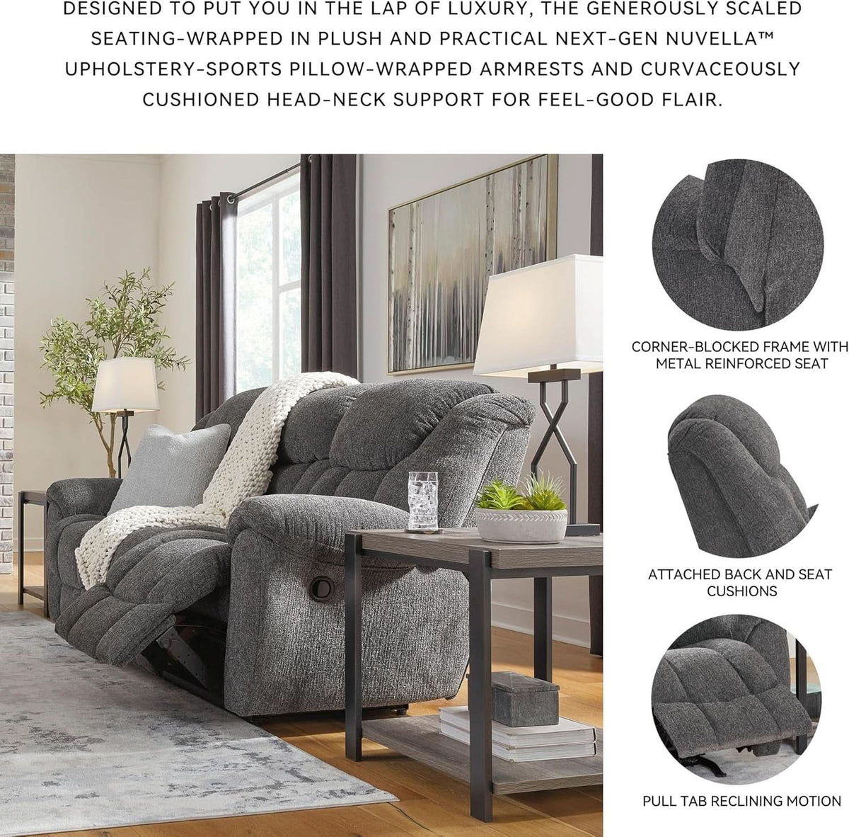 Gray Manual Reclining Sofa Stain Resistant Upholstery ShipItFurniture