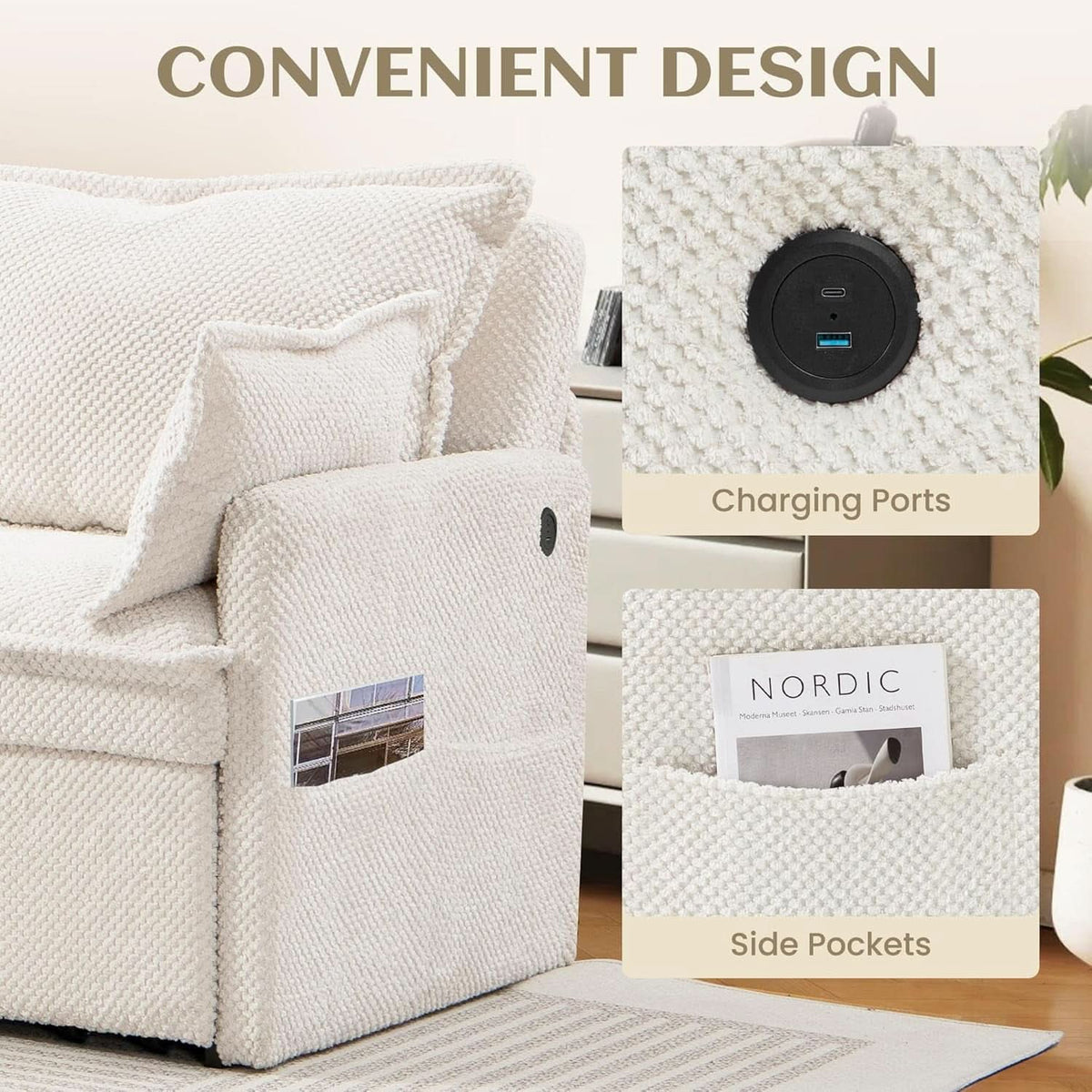 Convertible King Sofa Bed with USB Charging and Pockets ShipItFurniture