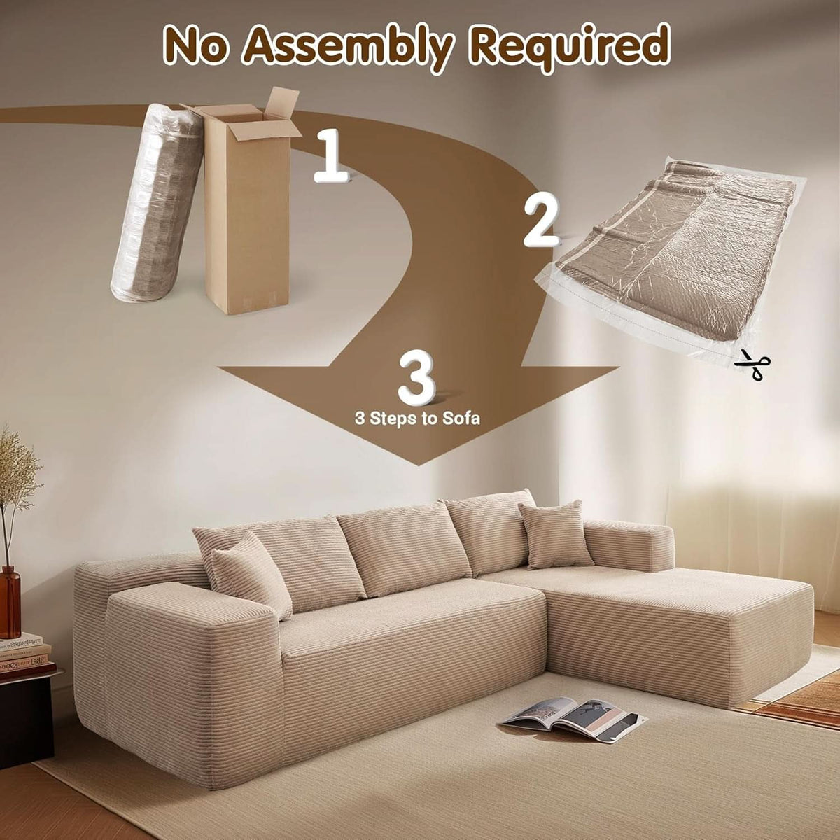 104 Inch Cloud Sectional Couch With L Shaped Chaise Modern Modular Sofa In Camel Corduroy Fabric ShipItFurniture