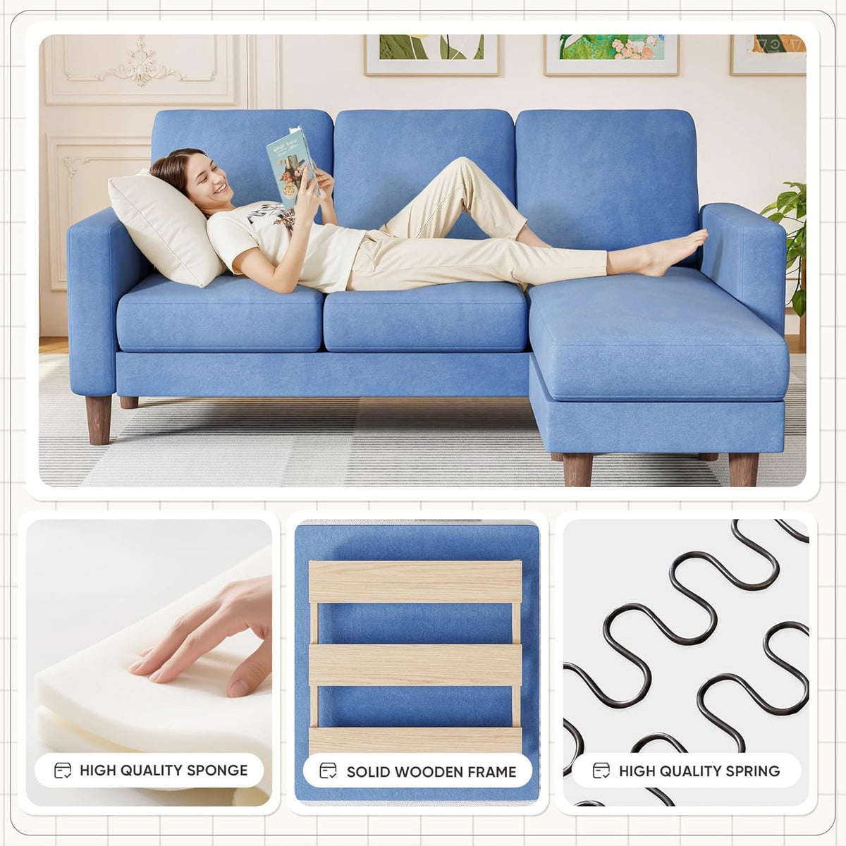 Blue Upholstered L Shaped Movable Sectional Couch Ottoman ShipItFurniture
