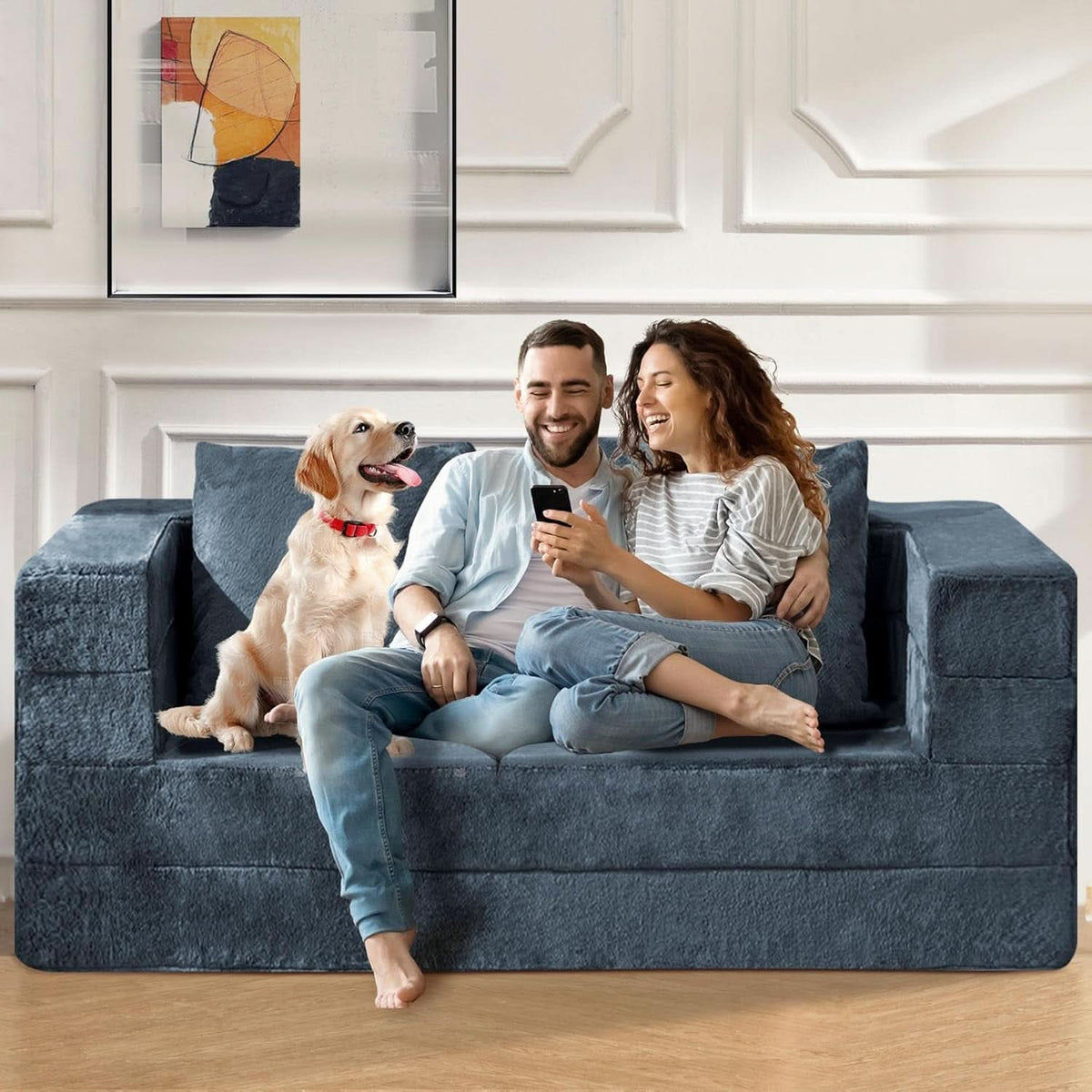 Blue Gray Large 3-In-1 Folding Bean Bag Couch Sofa Bed ShipItFurniture