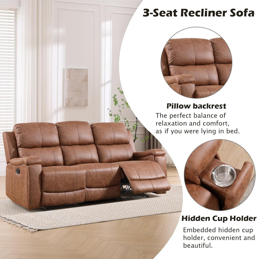 Brown Faux Leather Manual Reclining Overstuffed Sofa ShipItFurniture