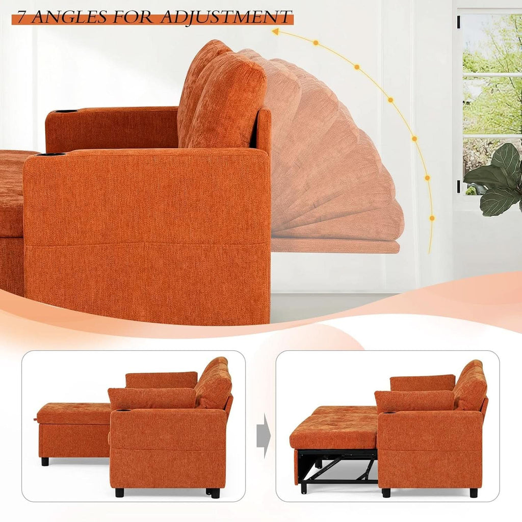 84Inches BrightOrange Chenille Pullout Sofa Bed USBPort ShipItFurniture