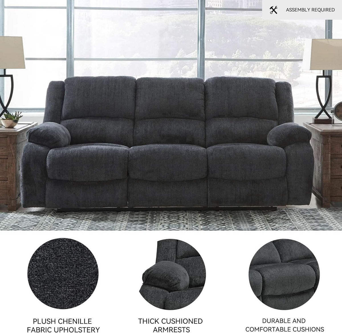 Draycoll Contemporary Manual Reclining Sofa Dark Gray ShipItFurniture