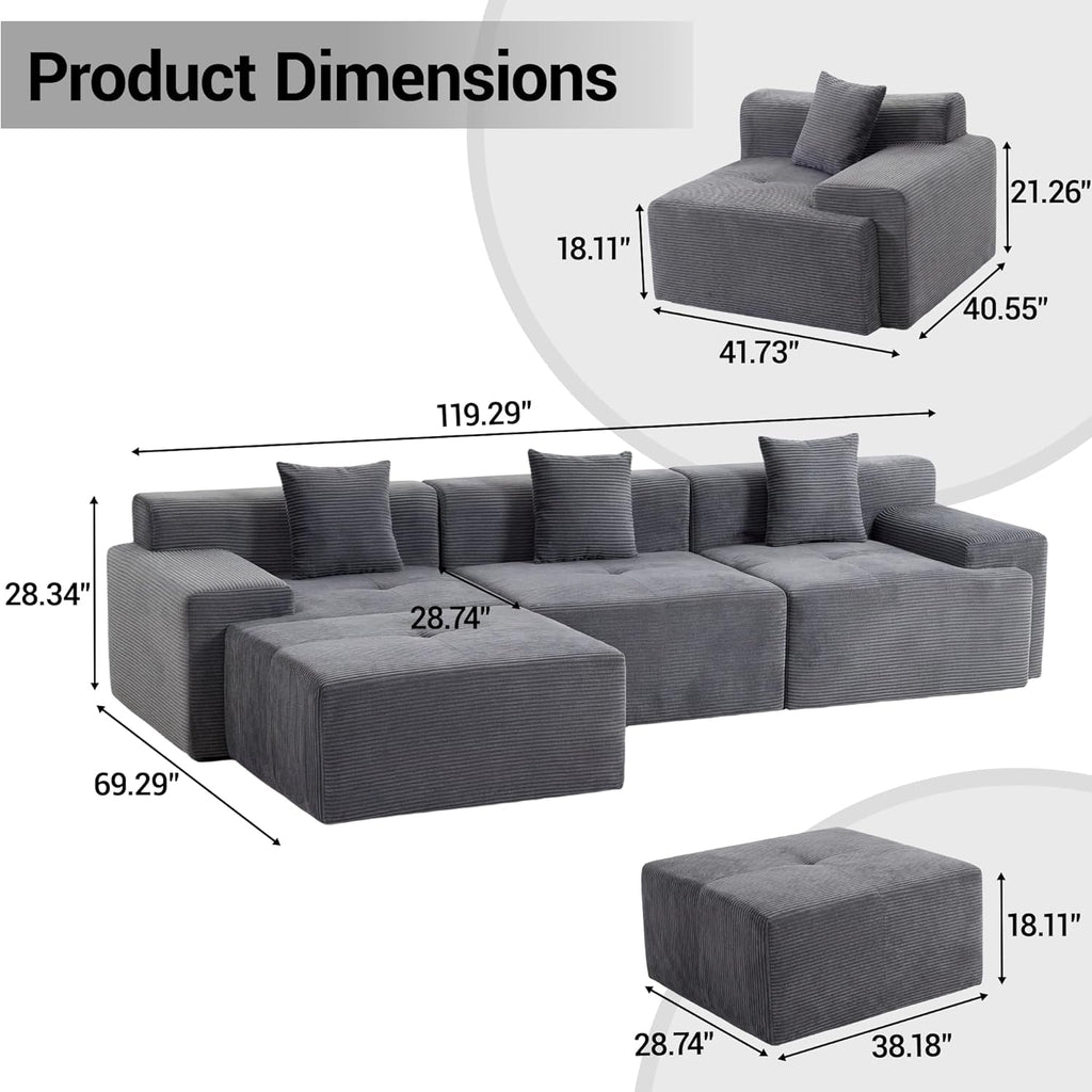 119 Inch Greyish Contemporary Modular Sectional Sofa ShipItFurniture