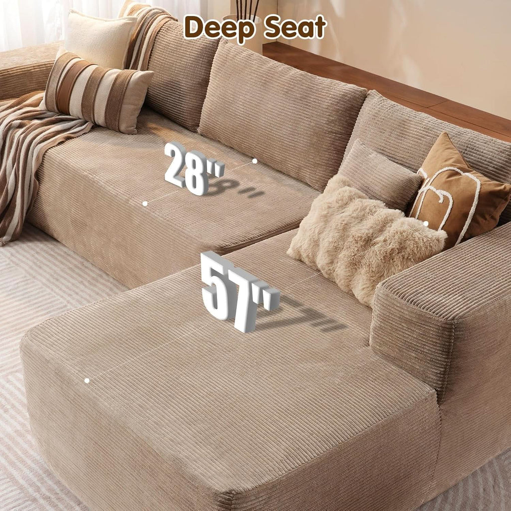 104 Inch Cloud Sectional Couch With L Shaped Chaise Modern Modular Sofa In Camel Corduroy Fabric ShipItFurniture