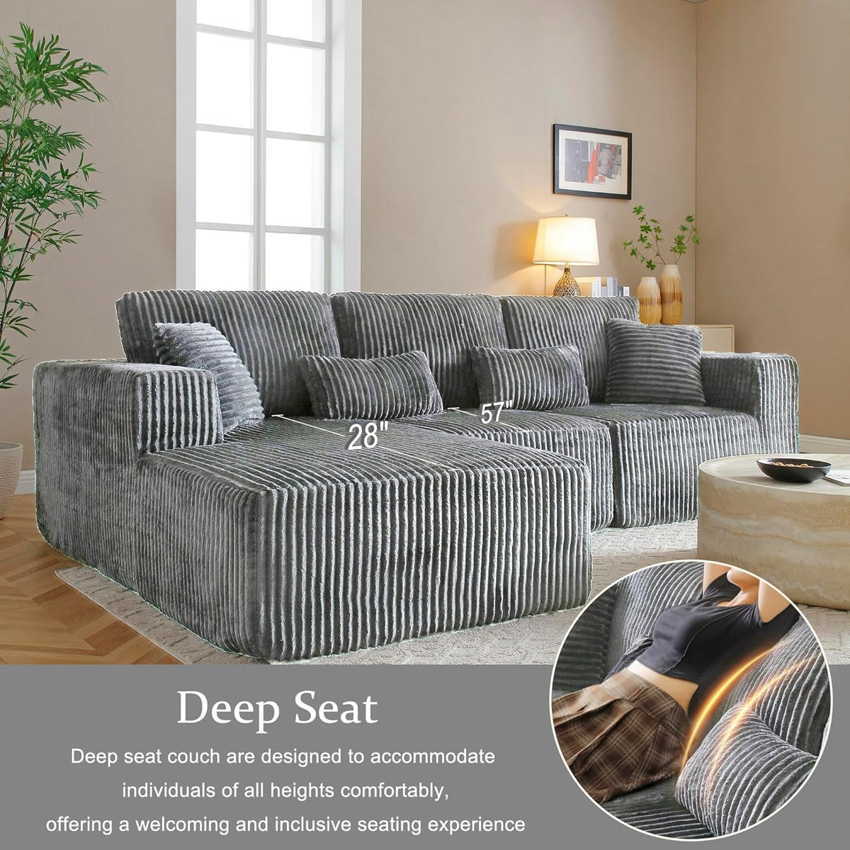 108 Inch Cloud Sectional Sofa Grey Ultra Soft Chenille ShipItFurniture
