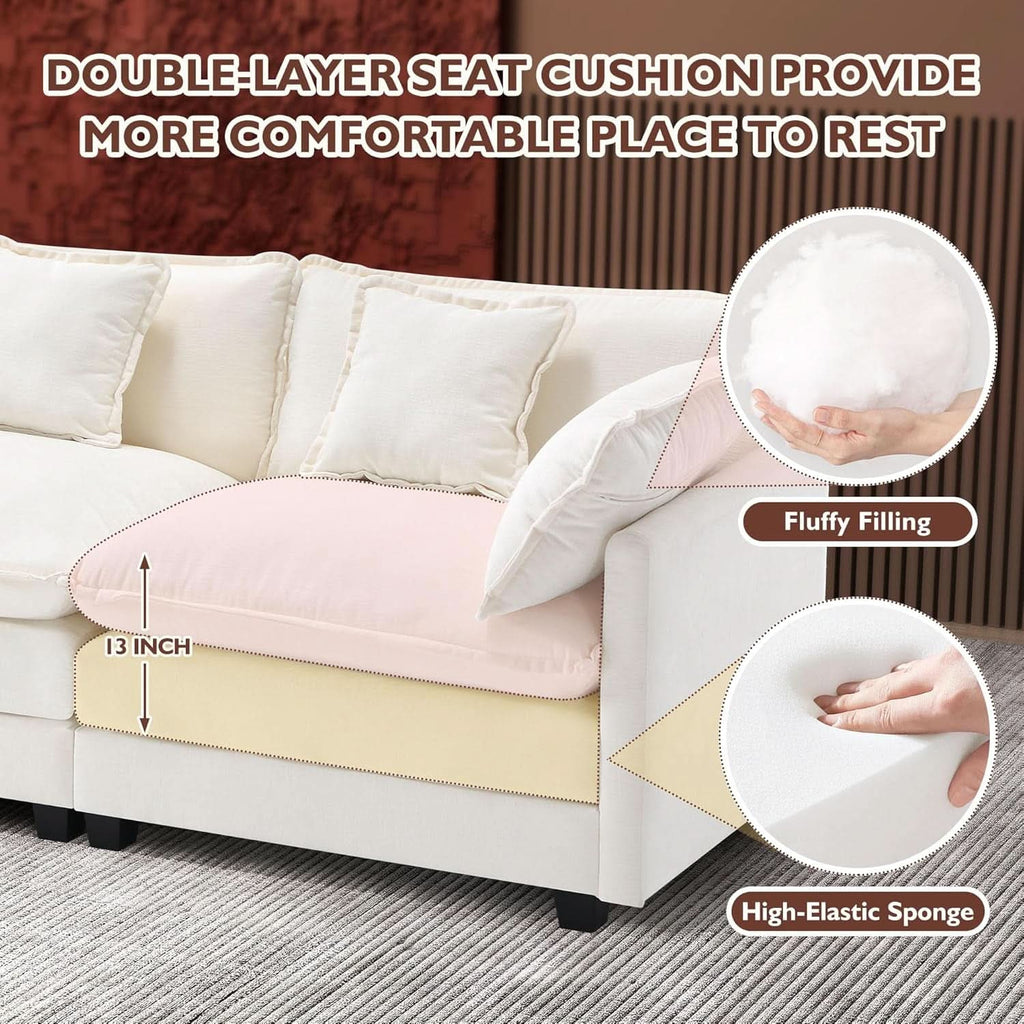 111.4 Inch 3 Seater Cloud Sofa Modular Sectional Couch Beige With Breathable Chenille Fabric ShipItFurniture