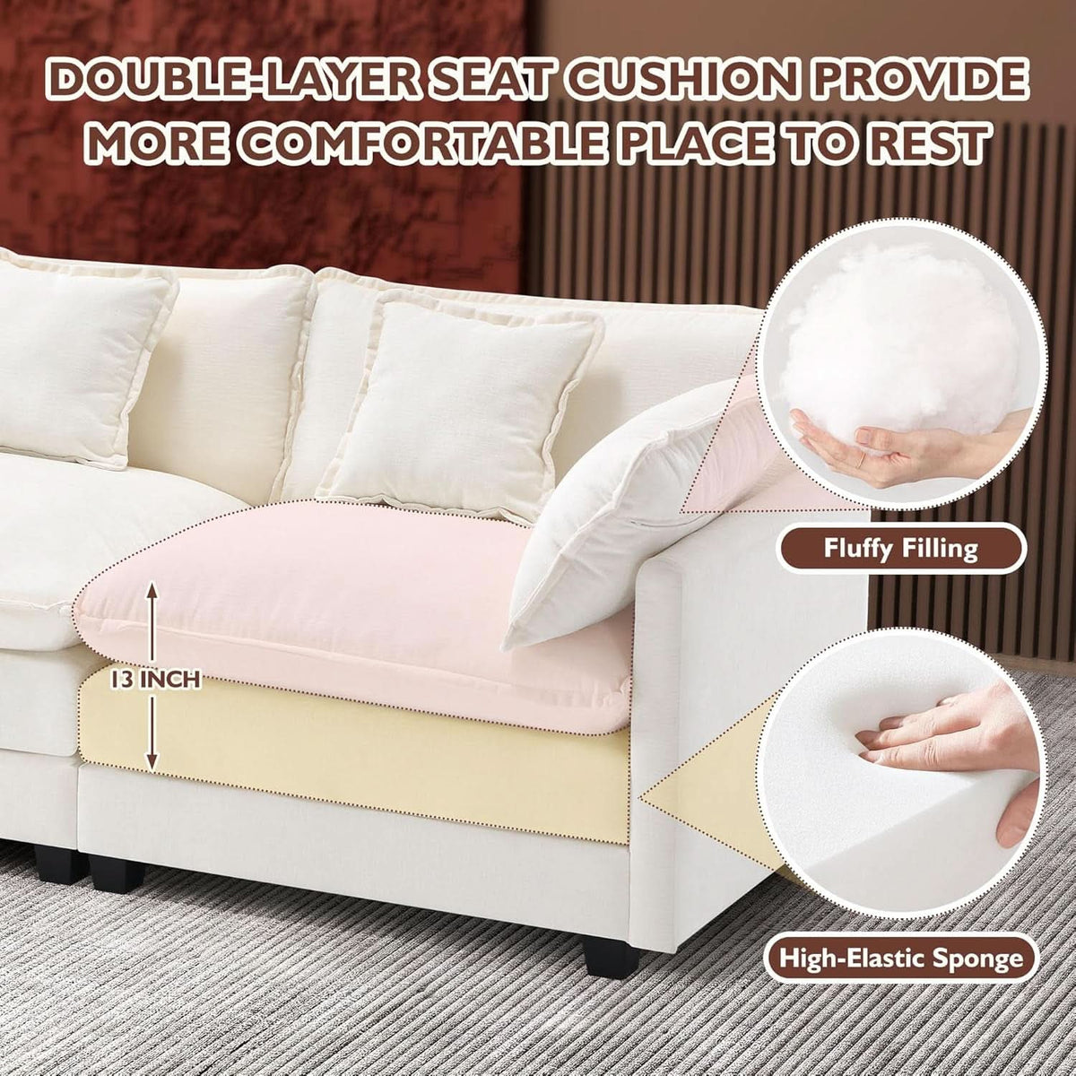 111.4 Inch 3 Seater Cloud Sofa Modular Sectional Couch Beige With Breathable Chenille Fabric ShipItFurniture