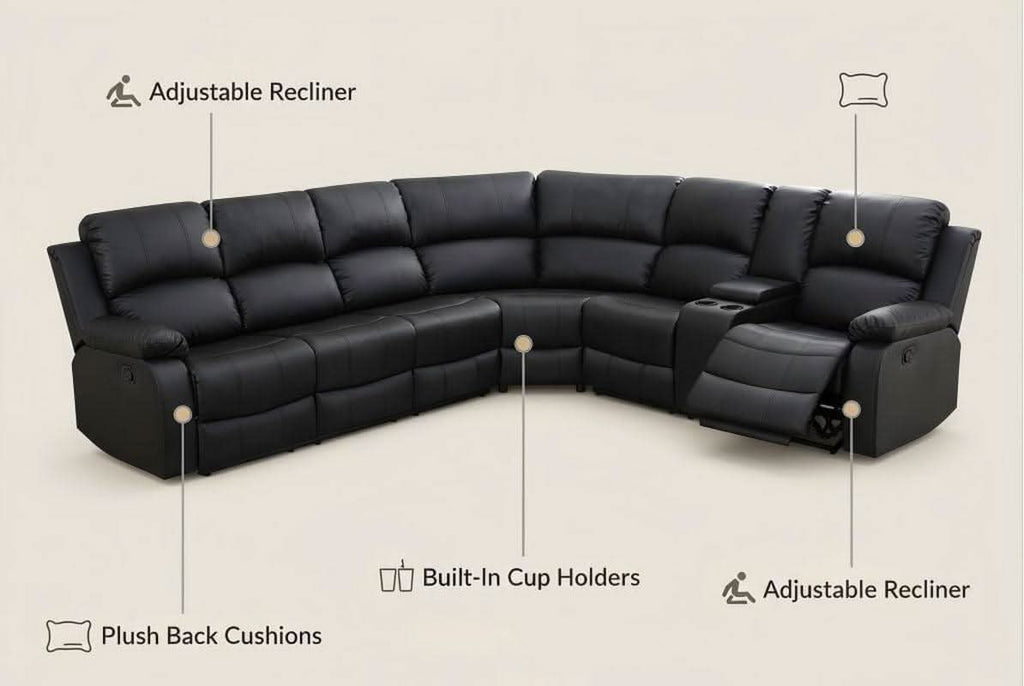 Power Reclining Leather Sectional Sofa Black Home Theater ShipItFurniture
