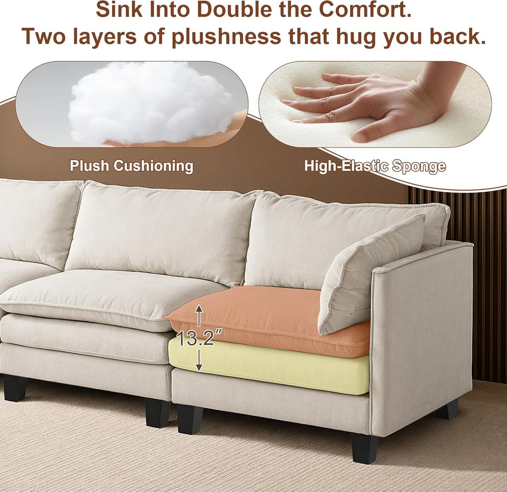 111Inch Modular Sectional Sofa Beige Upholstered Cushions ShipItFurniture