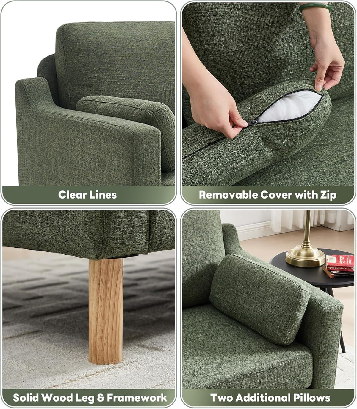 Dark green Linen Upholstered Mid Century Modern Sofa ShipItFurniture