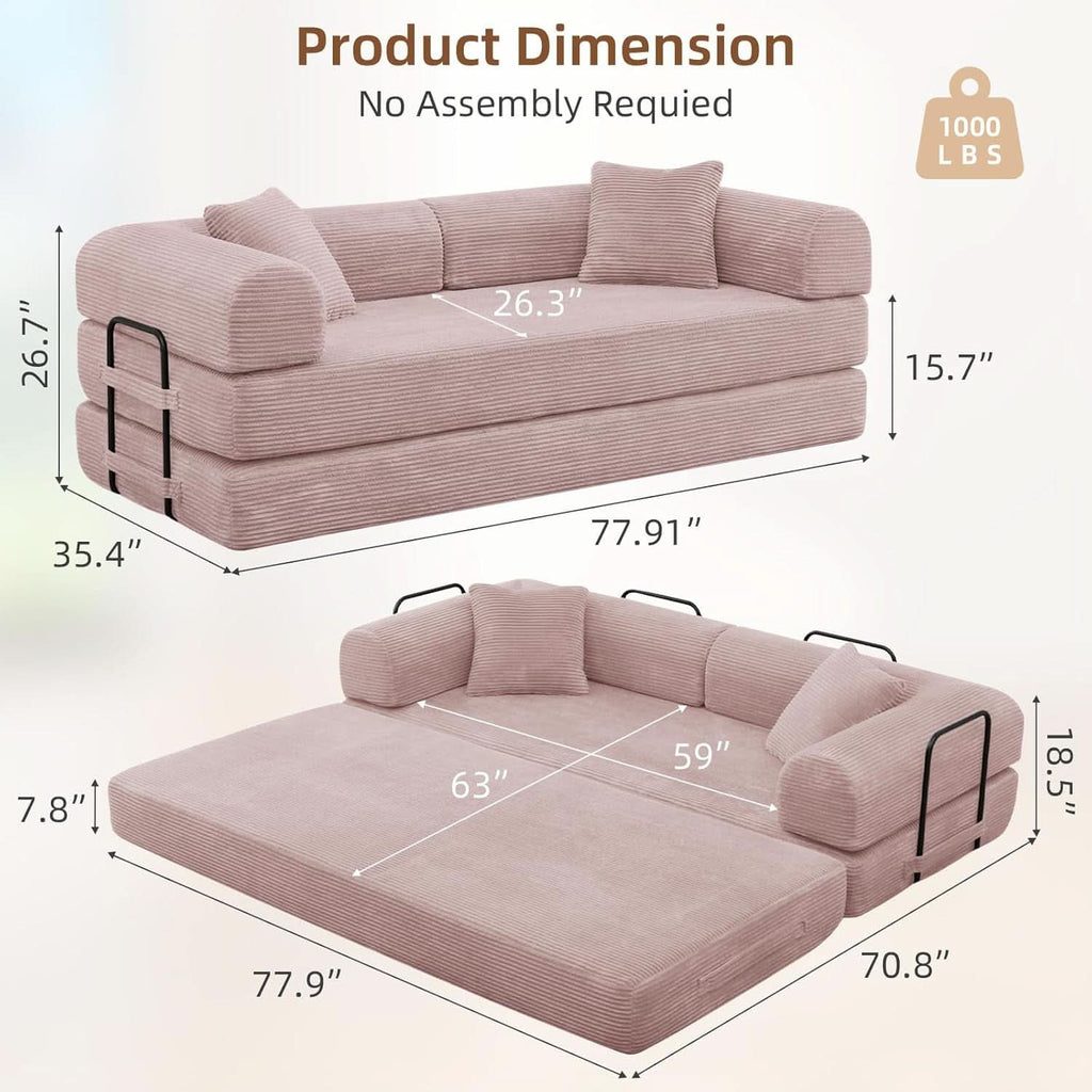 Transformable Sofa Bed QueenSize Pink Folding Frame ShipItFurniture